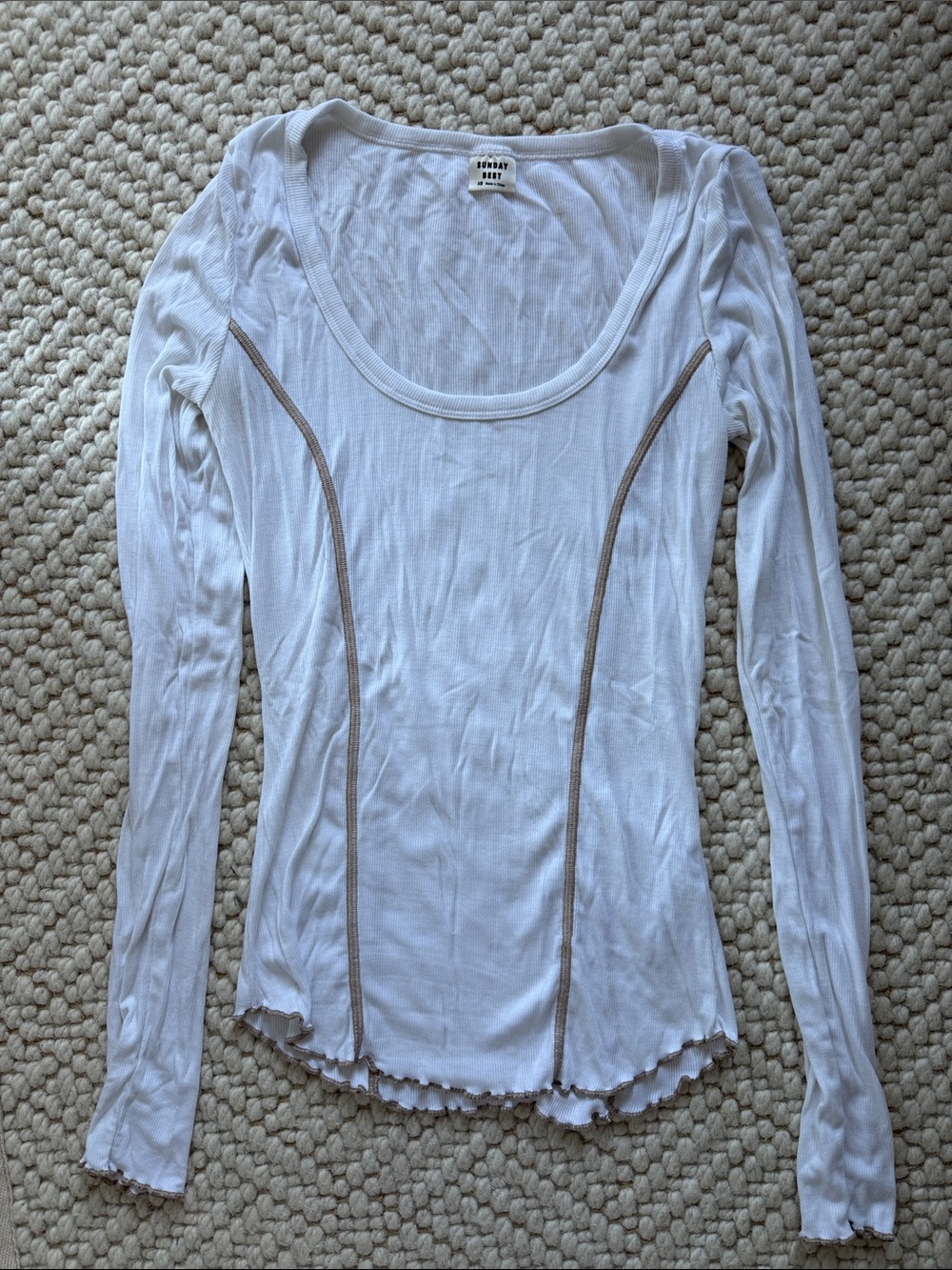 Sunday Best White Long Sleeve Scoop Neck Top with Tan Contrast Seams